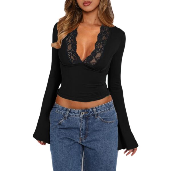 Slim V-neck Lace T-Shirt - Image 5