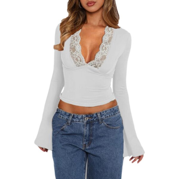 Slim V-neck Lace T-Shirt - Image 8